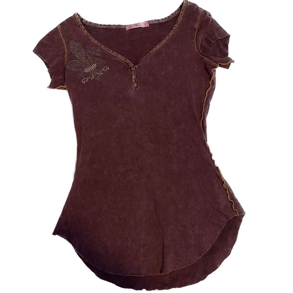 vintage y2k shirt brown acid wash w/ rhinestone details button up shaped t shirt